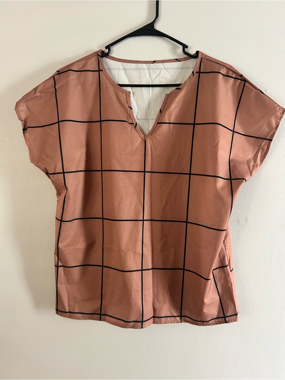 SHEIN Mauve Grid Notch V-Neck Boxy Top